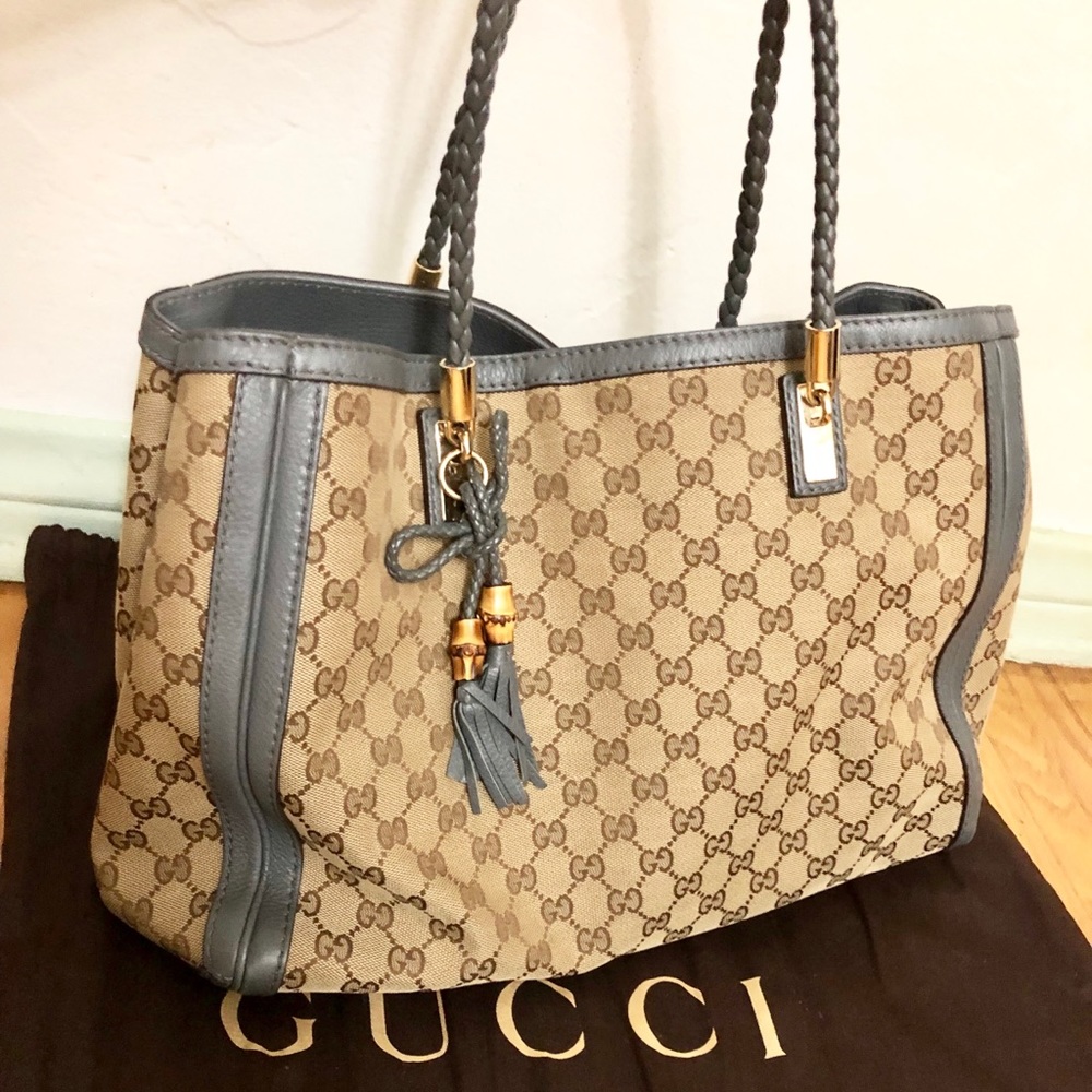 GUCCI Signature Canvas Large Bag, Slate Blue Trim